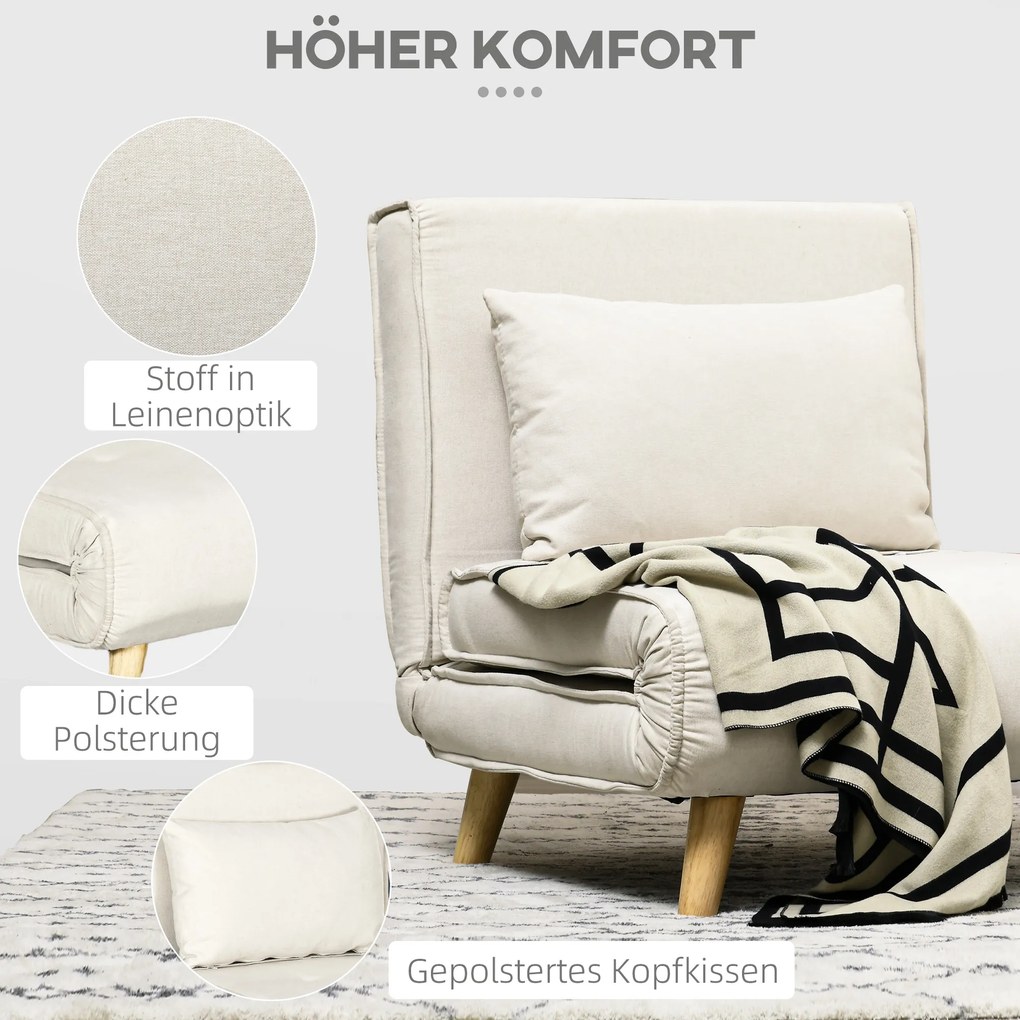 HOMCOM Πολυθρόνα-Κρεβάτι, 6-Θέσεων Ρυθμιζόμενη Πλάτη, Απομίμηση Λινού, έως 120 kg, Κρεμ