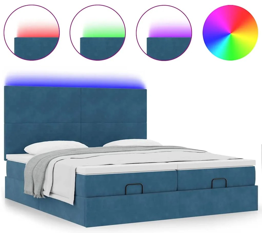 vidaXL Οθωμανικό κρεβάτι με στρώματα & LEDs Σκούρο μπλε Βελούδο
