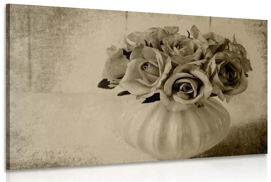 Εικόνα τριαντάφυλλα σε βάζο σε σχέδιο σέπια - 60x40