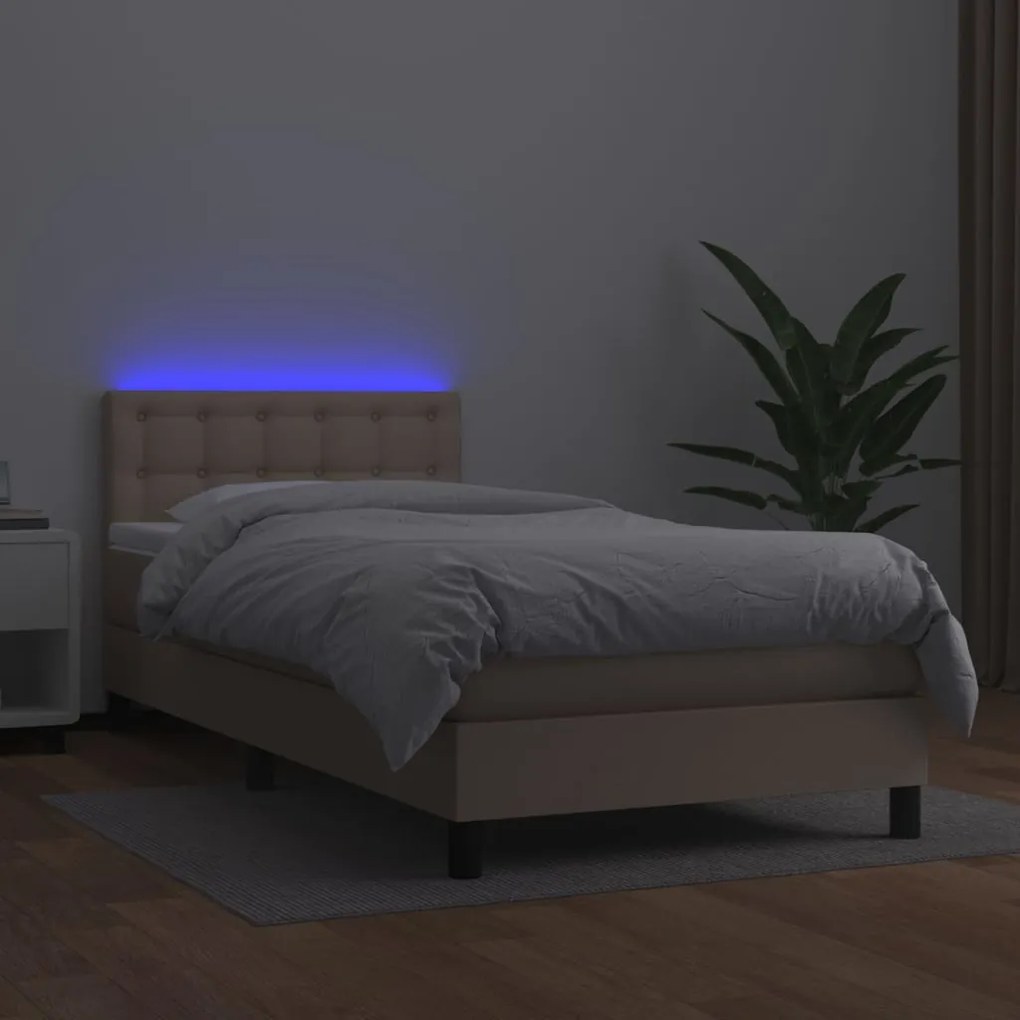 Κρεβάτι Boxspring Στρώμα&amp;LED Καπουτσίνο 90x190 εκ. Συνθ. Δέρμα - Καφέ