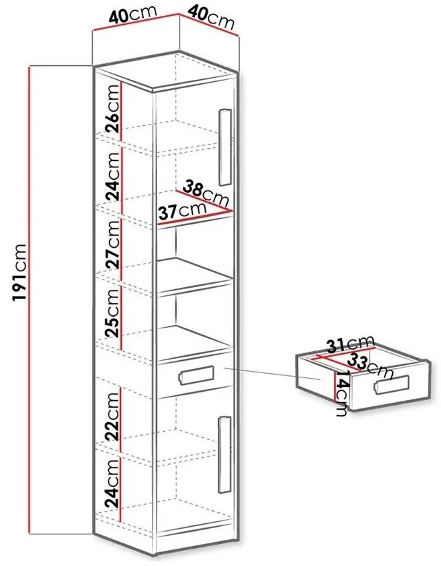 Βιβλιοθήκη Akron H104, Με συρτάρια, Με πόρτες, Κλειστό, Πλαστικοποιημένη μοριοσανίδα, Ο αριθμός των θυρών: 2, Αριθμός συρταριών: 1, 191x40x40cm