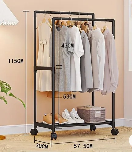 Τροχήλατη κρεμάστρα δαπέδου με ράφι παπουτσιών - YX9108-1 - 522770 - Black