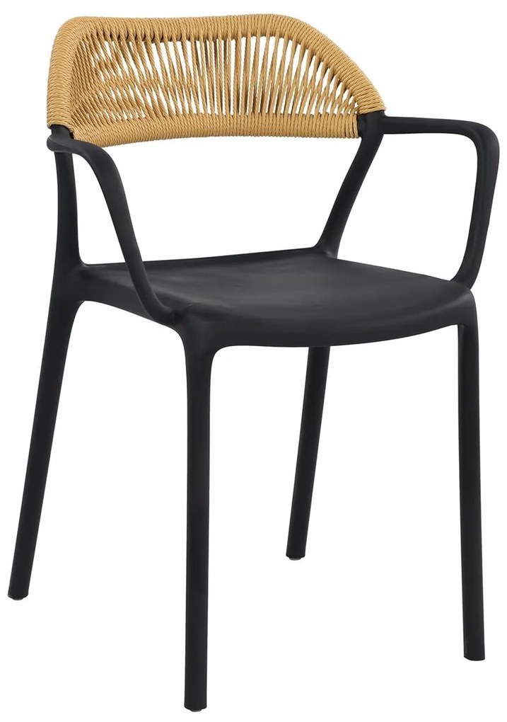 DOLLI Πολυθρόνα Στοιβαζόμενη, PP-UV Μαύρο, Rope Wicker Φυσικό 56x52x78cm