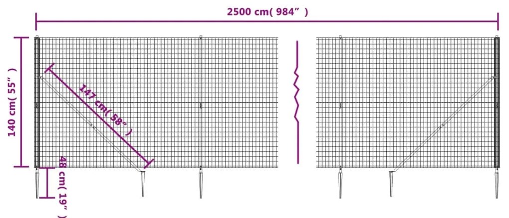 vidaXL Συρματόπλεγμα Περίφραξης Ανθρακί 1,4 x 25 μ. με Καρφωτές Βάσεις