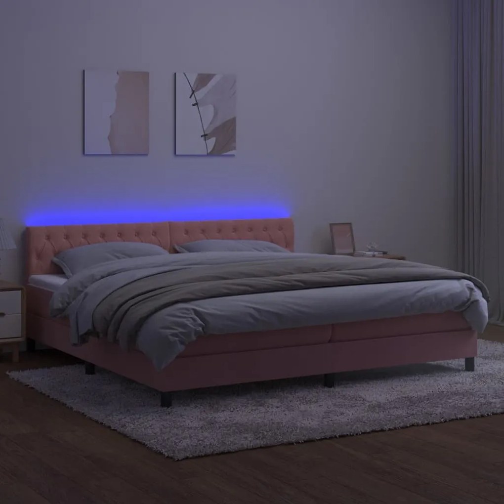 vidaXL Κρεβάτι Boxspring με Στρώμα & LED Ροζ 200x200 εκ. Βελούδινο