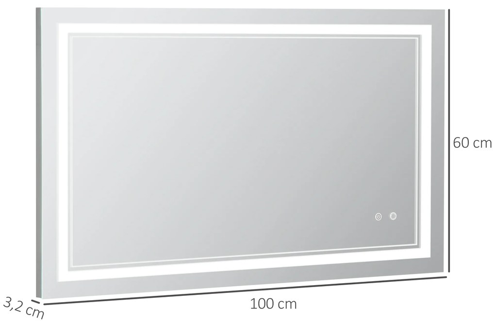 kleankin Καθρέφτης Μπάνιου με Φωτισμό LED, Λειτουργία Μνήμης, Διακόπτης Αφής, Ανθεκτικός σε Πιτσιλιές, Ασημί