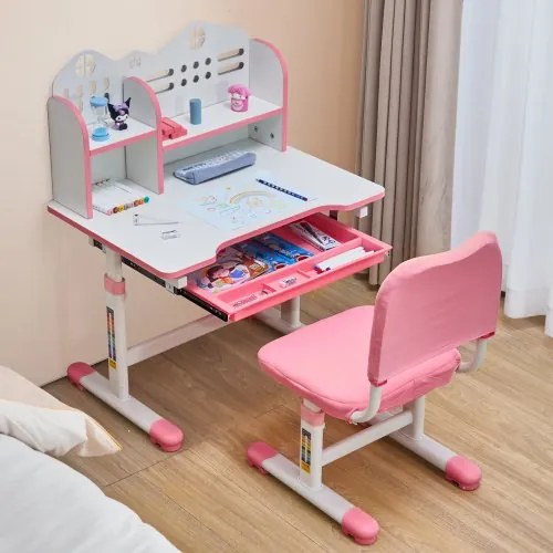 VEVOR Kids Study Chair and Desk with Bookshelf &amp; Drawer Adjustable Height Pink