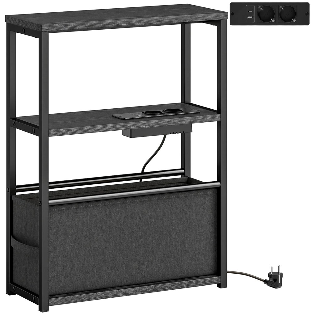 Κομοδίνο τραπεζάκι σαλονιού με πρίζες, ράφι, για μικρούς χώρους, 45x18x60,2cm, Μαύρο