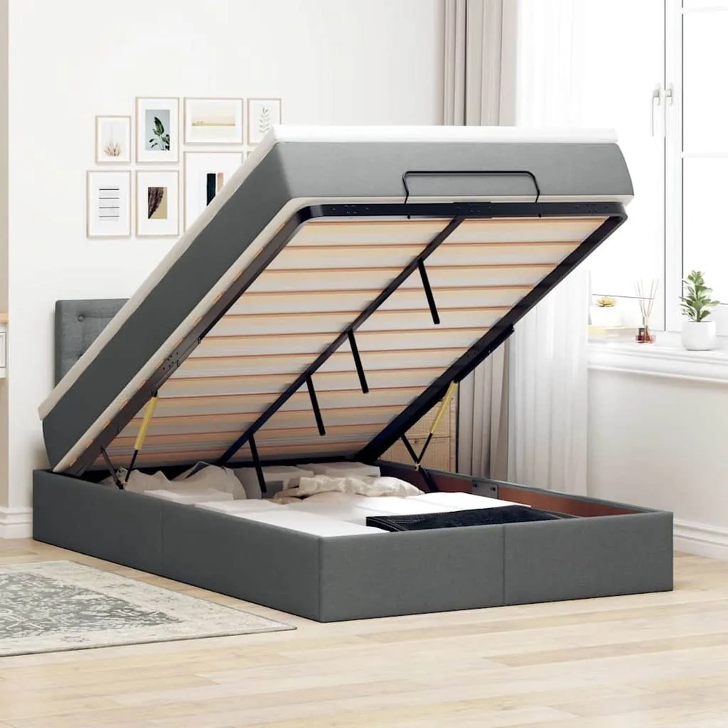 vidaXL Οθωμανικό κρεβάτι με στρώμα &amp; LEDs Σκούρο γκρι 120x200cm Ύφασμα