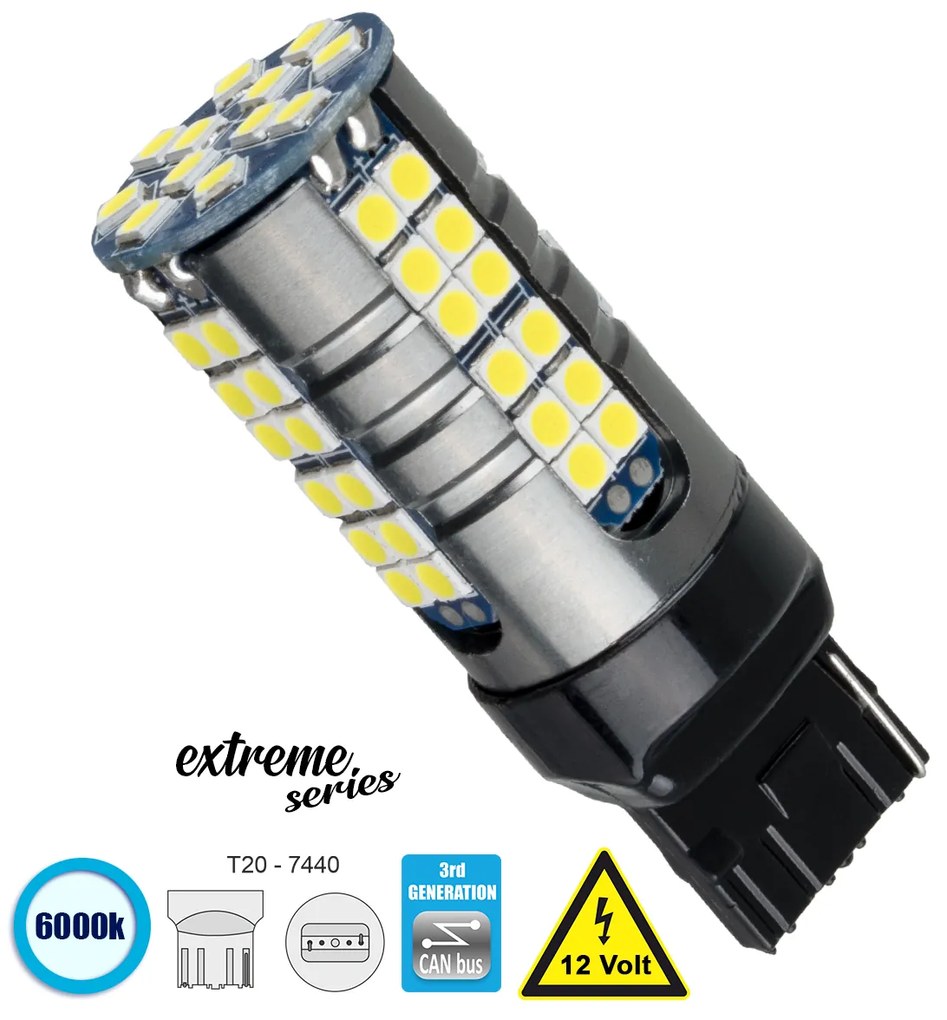 GloboStar® 81161 Λάμπα Αυτοκίνητου T20 - 7440 - W21W 3rd Generation Can-Bus Extreme Series LED 66 SMD 3030 15W 2250lm 360° DC 12V IP20 Ψυχρό Λευκό 6000K