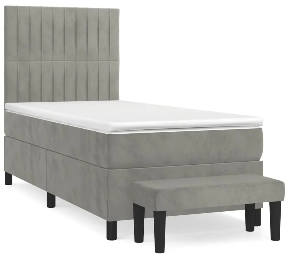 vidaXL Κρεβάτι Boxspring με Στρώμα Ανοιχτό Γκρι 90x190 εκ. Βελούδινο