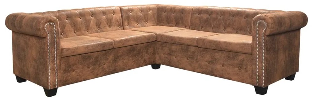 vidaXL Γωνιακός Καναπές Chesterfield 5 Θέσεων Καφέ από Συνθετικό Δέρμα