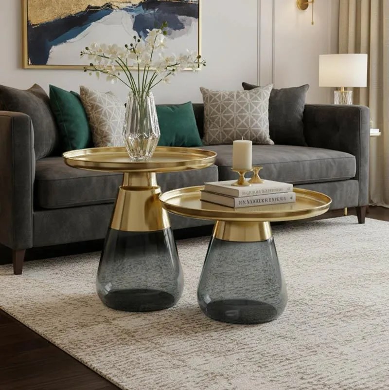 Βοηθητικά τραπέζια Kunlo Inart σετ 2τεμ χρυσό χρώμιο-μαύρο γυαλί 50x50x53.5 εκ.