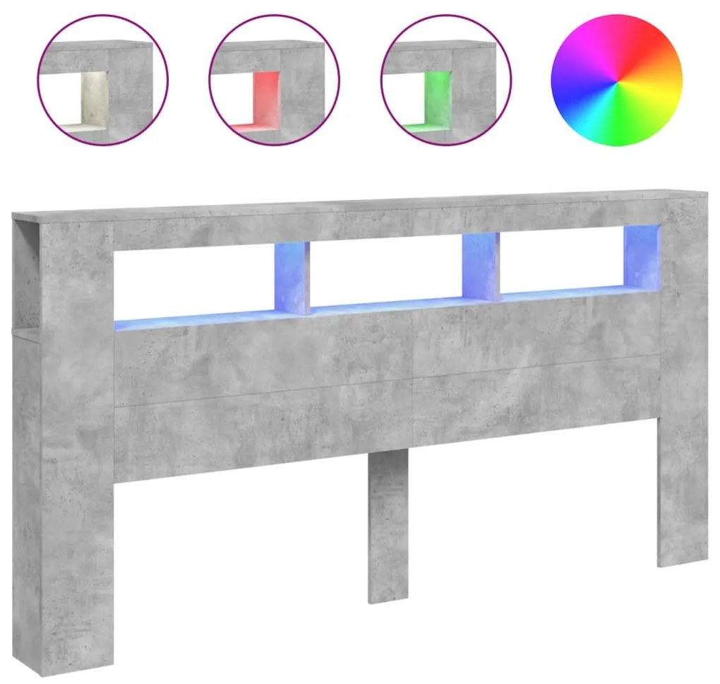 vidaXL Κεφαλάρι Κρεβατιού με LED Γκρι Σκυροδέματος 200x18,5x103,5 εκ