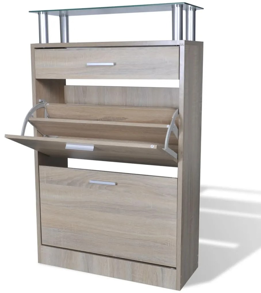 Παπουτσοθήκη με Συρτάρι & Επάνω Γυάλινο Ράφι Δρύινη Όψη Ξύλινη