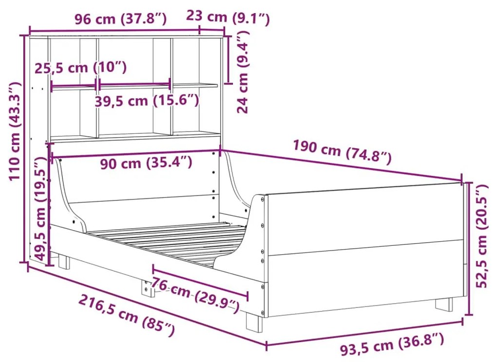 Κρεβάτι Βιβλιοθήκη Χωρίς Στρώμα Καφέ 90x190 εκ Μασίφ Πεύκο - Καφέ