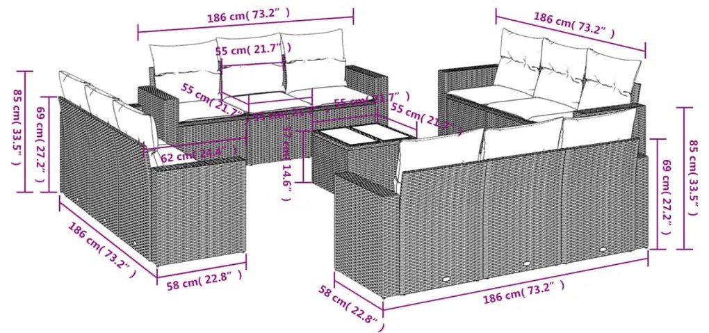 vidaXL Σετ Καναπέ Κήπου 13τεμ Μπεζ Συνθ. Ρατάν με Μαξιλάρια