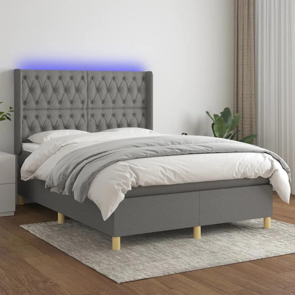 Κρεβάτι Boxspring με Στρώμα &amp; LED Σκ.Γκρι 140x190εκ. Υφασμάτινο