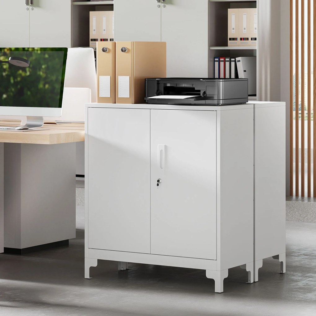 HOMCOM Μεταλλικό ντουλάπι γραφείου, κλειδώματος πόρτες, συρταριέρα γραφείου, σχεδιασμός 2 επιπέδων, Λευκό