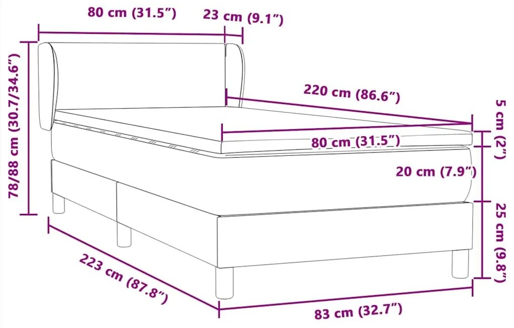 Box Spring κρεβάτι με στρώμα ανοιχτό γκρι 80x220 cm Βελούδινο - Γκρι