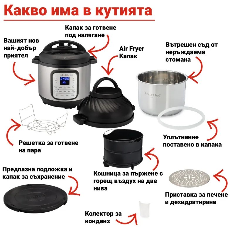 Instant Pot Duo Crisp + Φριτέζα αέρος 140004401, 1500 W, 5,7 L, 11 προγράμματα, καλάθι φριτέζας αέρος, EvenCrisp, Inox