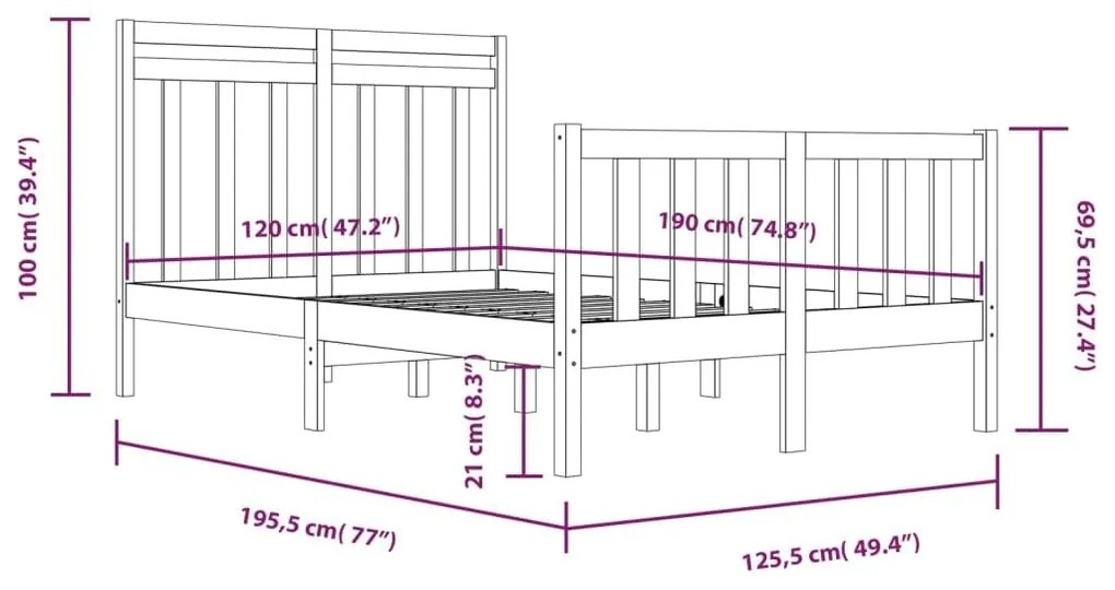 Πλαίσιο Κρεβατιού 120 x 190 εκ. από Μασίφ Ξύλο Small Double - Καφέ