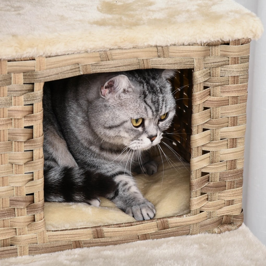 PawHut Δέντρο για γάτες από ρατάν με σπιτάκι, πολυεπίπεδο δέντρο για γάτες, δέντρο αναρρίχησης για γάτες, E1 MDF, σιζάλ, μπεζ+καφέ, 55 x 55 x 174 cm