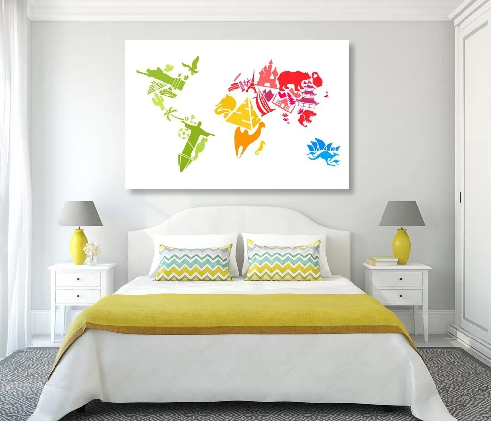 Εικόνα στον παγκόσμιο χάρτη φελλού με σύμβολα μεμονωμένων ηπείρων - 90x60  color mix