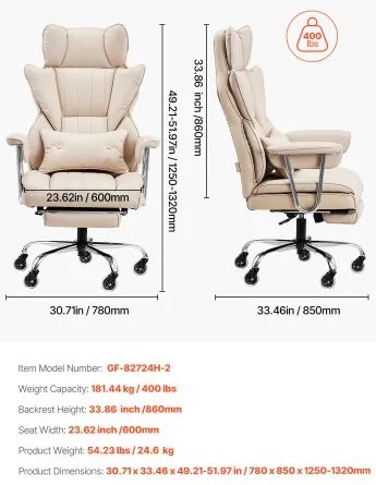 VEVOR Executive Office Chair High Back Chair Footrest &amp; Removable Armrests Brown