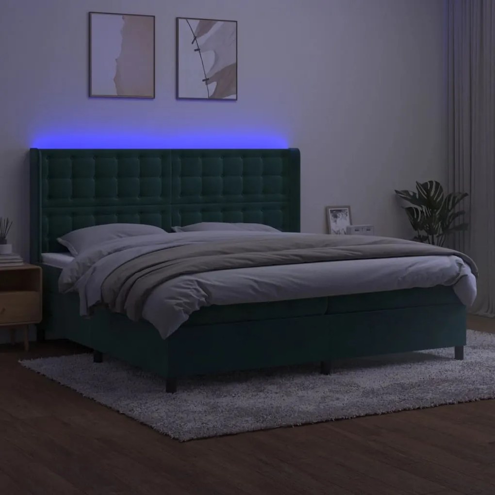 Κρεβάτι Boxspring με Στρώμα &amp; LED Σκ. Πράσινο 200x200εκ Βελούδο - Πράσινο