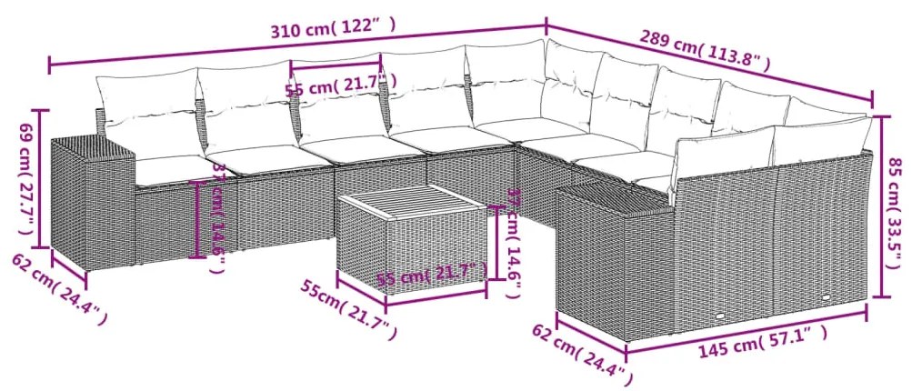vidaXL Σαλόνι Κήπου Σετ 11 τεμ. Μπεζ Συνθετικό Ρατάν με Μαξιλάρια