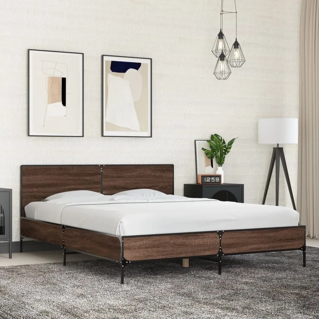 vidaXL Πλαίσιο Κρεβατιού Καφέ Δρυς 160x200 εκ. Επεξ. Ξύλο &amp; Μέταλλο