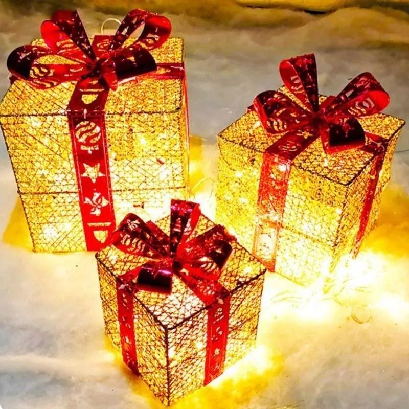 Χριστουγεννιάτικα Φωτιζόμενα Κουτιά Δώρων 3τμχ - Christmas LED Gift Boxes-190663-190663