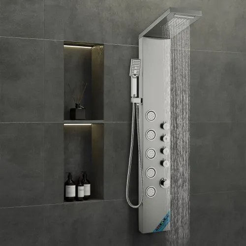 VEVOR Shower Panel System, 4 Shower Modes Shower Panel Tower, Rainfall, Waterfall, 5 Full Body Massage Jets and 3-Setting Handheld Shower Head with 59&quot; Hose, Stainless Steel Wall-Mounted Shower Set