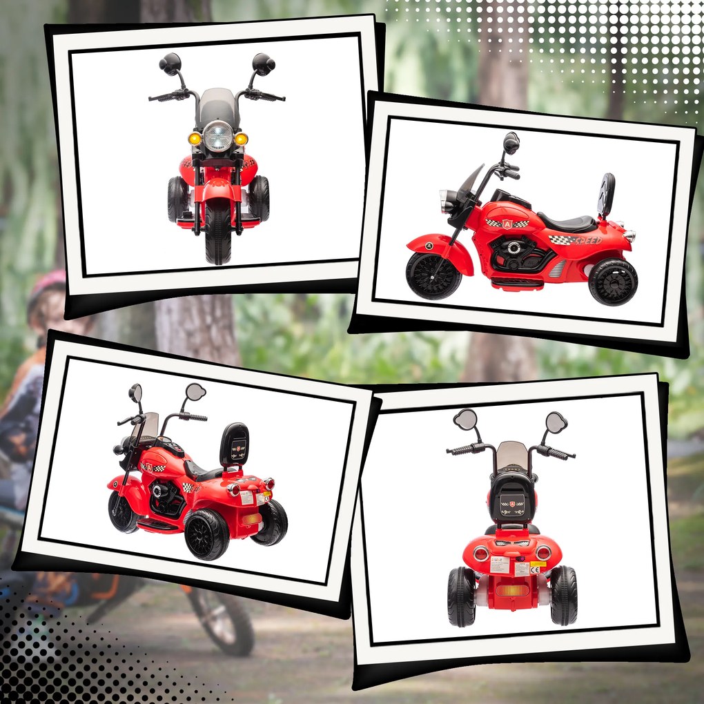 AIYAPLAY Ηλεκτρική παιδική μοτοσικλέτα, 3 τροχοί, 6V μπαταρία, προβολείς, μουσική, για παιδιά 3-6 ετών, κόκκινο
