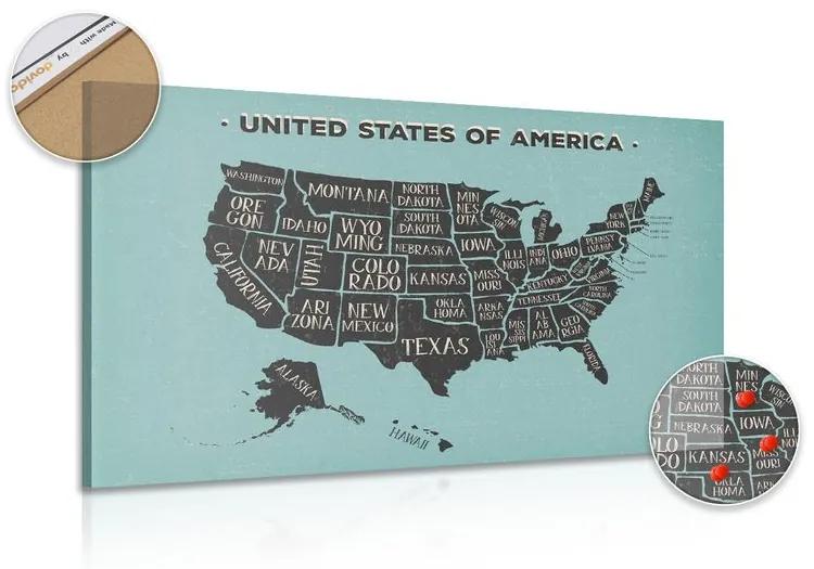 Εικόνα στον εκπαιδευτικό χάρτη των ΗΠΑ από φελλό με μπλε φόντο - 120x80  wooden