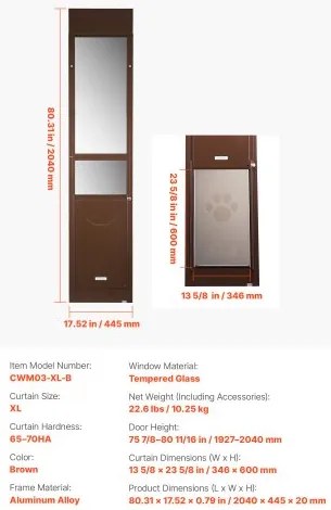 VEVOR Dog Door for Sliding Glass Door, 1927 mm to 2040 mm Adjustable Height, Aluminum Alloy Frame with Metal Rotating Hinges, Lock Design, 346 x 600 mm Flap, Sliding Glass Pet Door for Renters