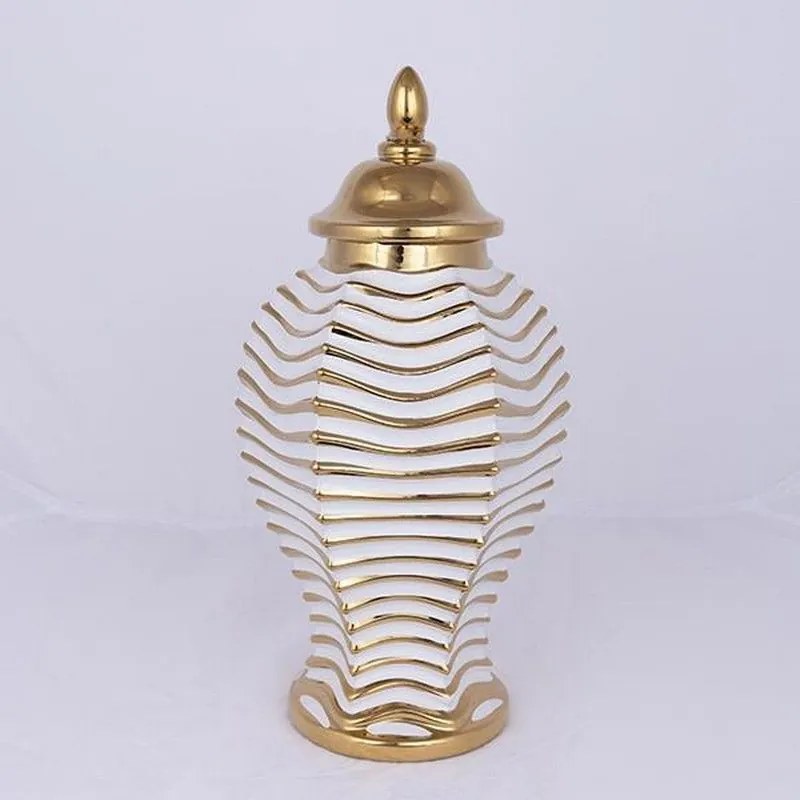 Βάζο Κεραμικό Με Καπάκι 21.2x21.2x42.2cm White-Gold Estheti Home Κεραμικό