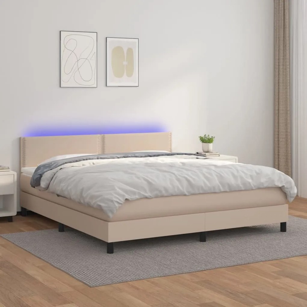 Κρεβάτι Boxspring Στρώμα&amp;LED Καπουτσίνο 160x200 εκ. Συνθ. Δέρμα