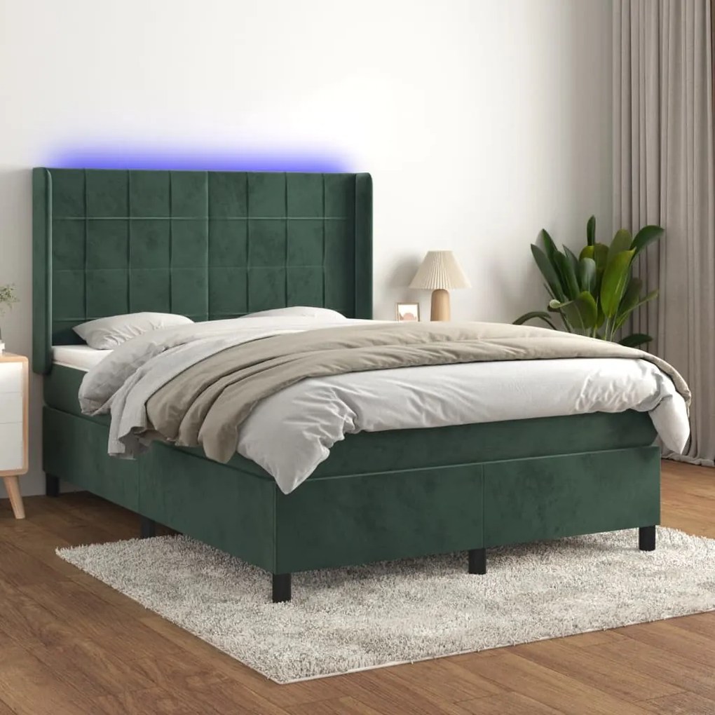 vidaXL Κρεβάτι Boxspring με Στρώμα & LED Σκ. Πράσινο 140x200εκ Βελούδο