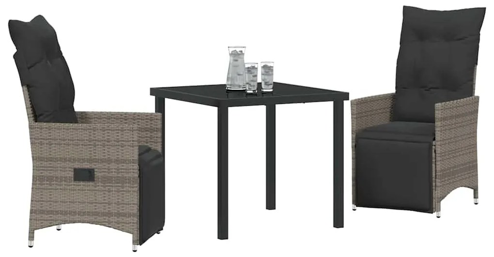 vidaXL Σέτ φαγητού για κήπο με μαξιλάρι 3 pcs Γκρι Πολυ ράταν