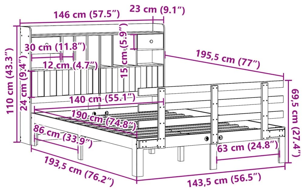 Κρεβάτι Βιβλιοθήκη Χωρίς Στρώμα 140x190 εκ Μασίφ Ξύλο Πεύκου - Λευκό
