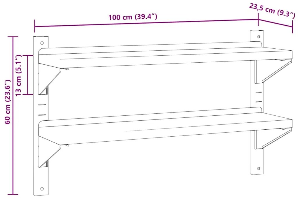 Ράφι Τοίχου 2 Επιπ. Ασημί 100x23,5x60 εκ. Ανοξείδωτο Ατσάλι - Ασήμι