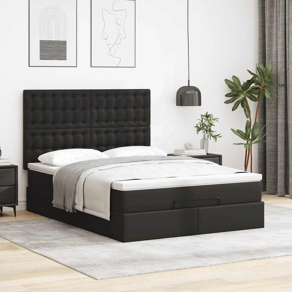 vidaXL Οθωμανικό κρεβάτι με στρώμα Μαύρο 140x200cm Faux Leather