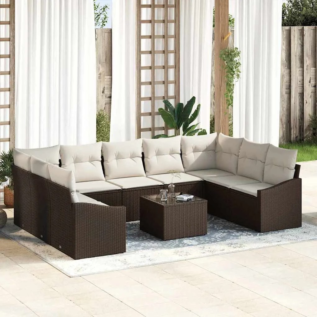 vidaXL Σέτ φαγητού για κήπο με μαξιλάρι 10 pcs Καφέ και Κρέμα