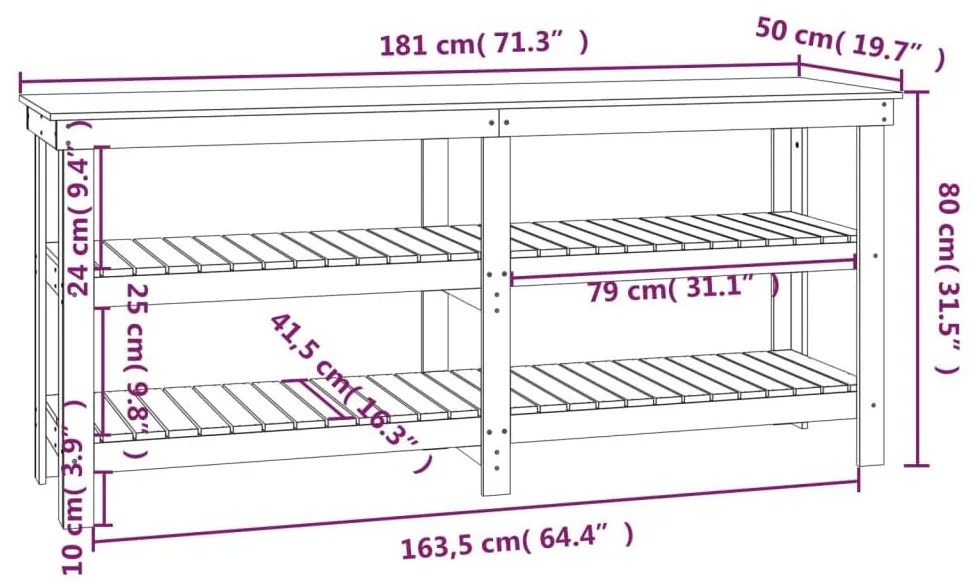 Πάγκος Εργασίας Μαύρος 181 x 50 x 80 εκ. από Μασίφ Ξύλο Πεύκου - Μαύρο