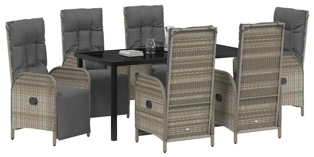 vidaXL Σέτ φαγητού για κήπο με μαξιλάρι 7 pcs Γκρι Πολυ ράταν