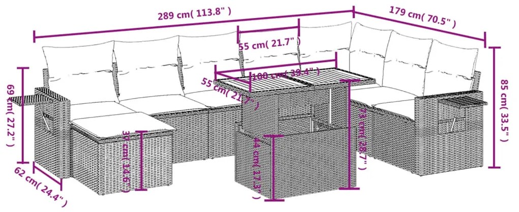 vidaXL Σαλόνι Κήπου Σετ 9 τεμ. Μπεζ Συνθετικό Ρατάν με Μαξιλάρια