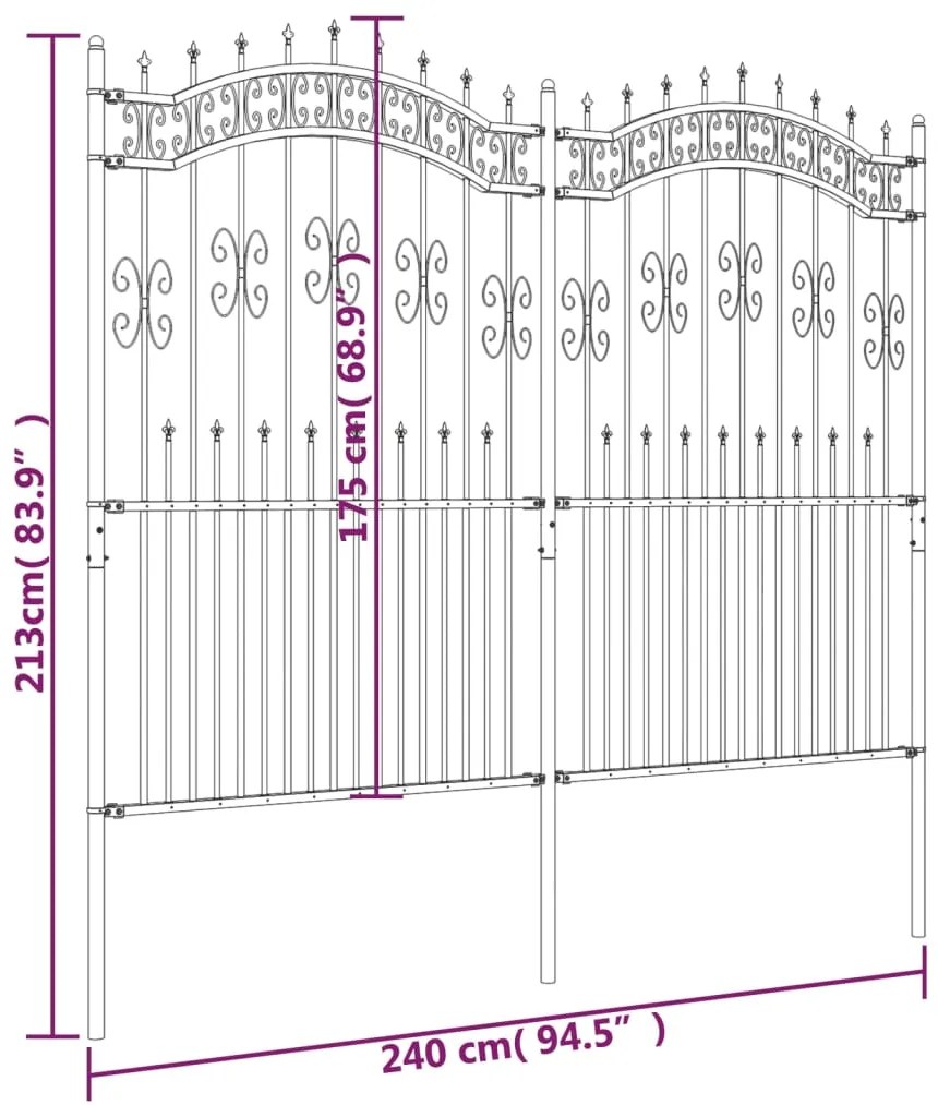 vidaXL Φράχτης Κήπου με Κορυφή Δόρυ Μαύρος 240x175 εκ. Ατσάλι με Ηλεκτροστατική Βαφή