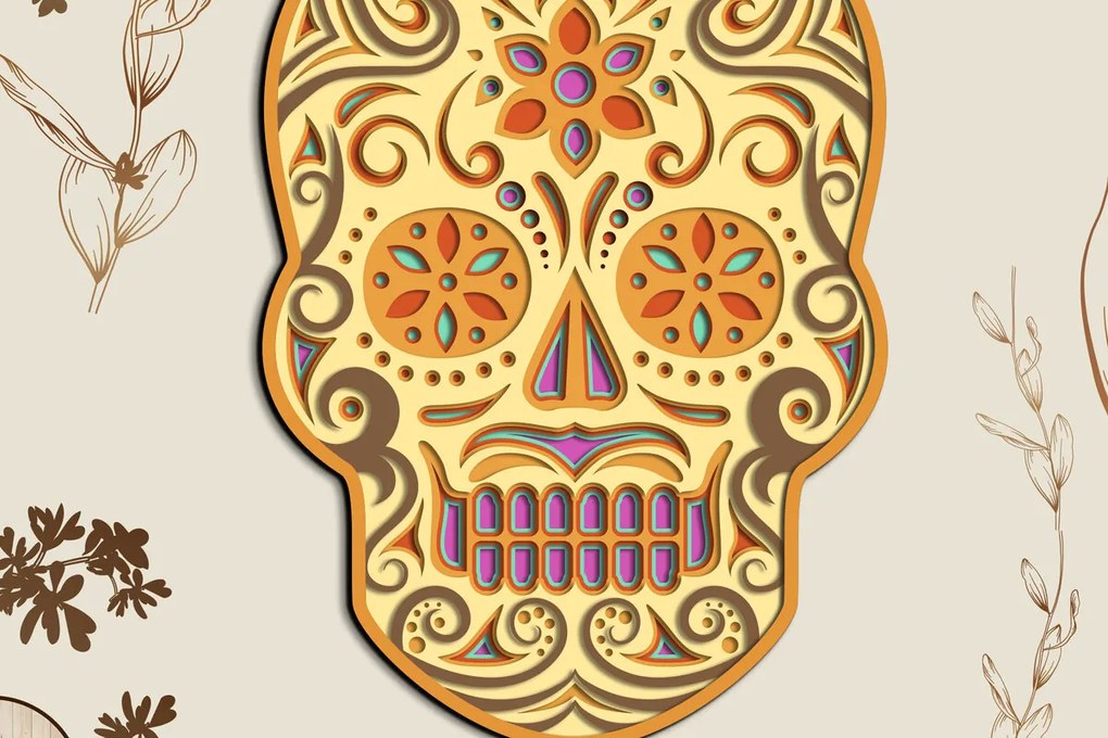 Σετ των 2 Intra απο ξύλο plywood  Χρώμα wenge 3mm-4mm πάχος - Floral Skull πολυστρωματικό πάνελ τοίχου Δίασταση 2x12 cm INTRAFABR-82901987